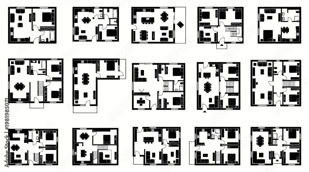 Fototapeta premium Architectural House Floor Plans Black White Line Art Set for Real Estate