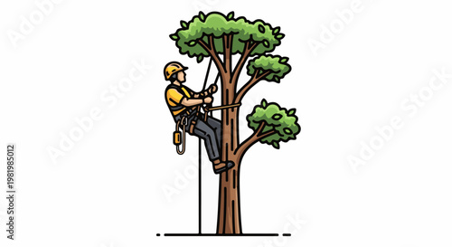 Stylized illustration of a person climbing a tall tree with safety gear