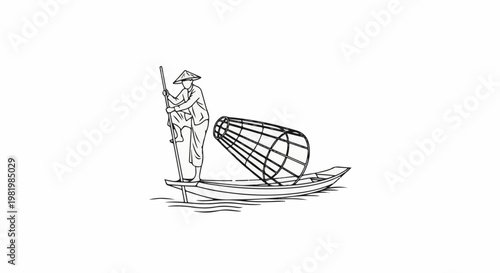 Stylized illustration of a person in a boat with a fishing net and a pole
