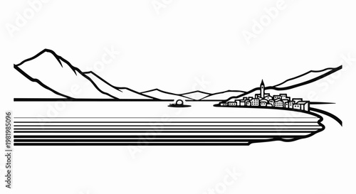 Stylized line art shows mountains, water, boats, and a village