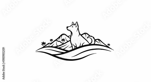 Stylized dog sits before rolling hills and palm trees in this simple graphic