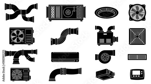 HVAC System Components Black Glyph Icons Set - Air Conditioning Ventilation Equipment
