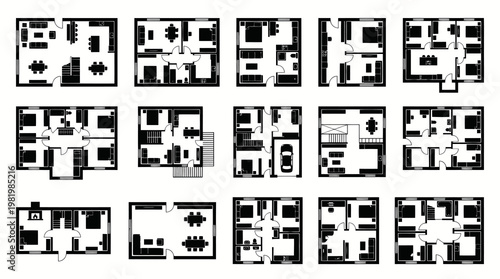 Architectural Floor Plans Black and White Line Art Set for Home Design and Real Estate