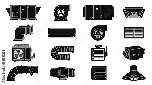 HVAC System Equipment Glyph Icons. Air Conditioning, Ventilation, Ductwork, Heating Devices.