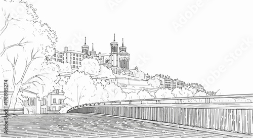 Stylized line drawing of a European cityscape with a prominent building on a hill