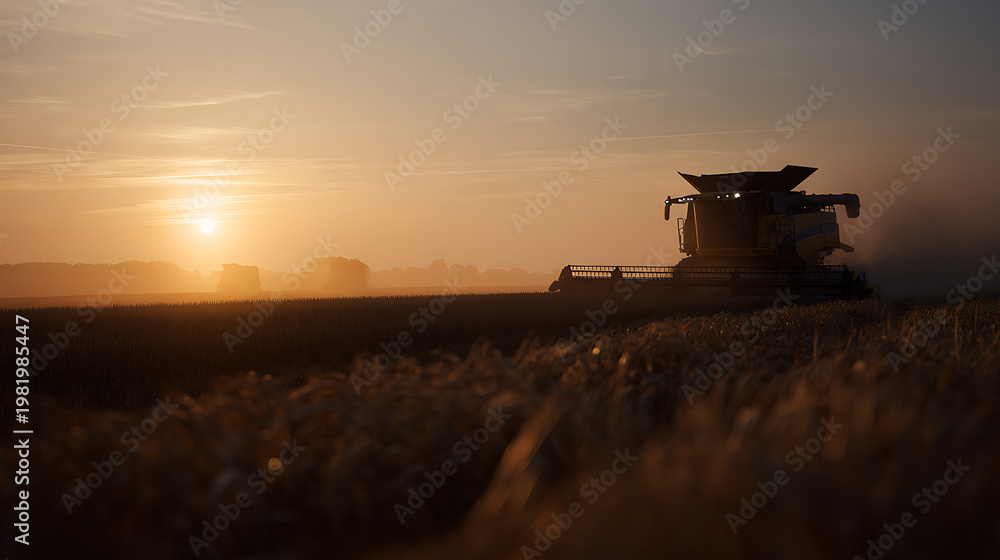Fototapeta premium Silhouette of a combine harvester work grain field at orange dawn or dusk, rural landscape, agricultural machine busy during harvest season