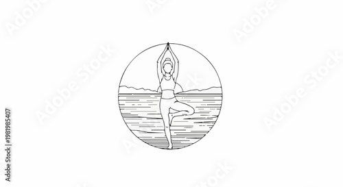 Stylized line drawing of a person in tree pose by water and mountains