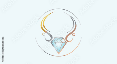 Stylized gem necklace design with metallic hues and circular frame