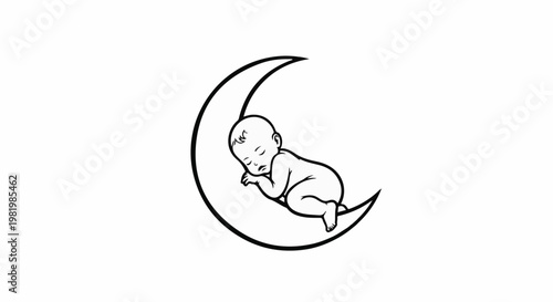 Stylized line drawing of a sleeping baby nestled on a crescent moon