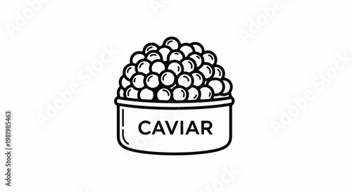 Stylized line drawing of a round tin filled with small, round caviar eggs