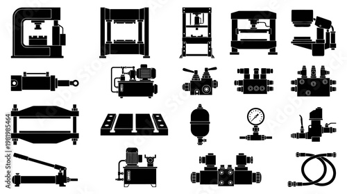 Hydraulic System Equipment and Machinery Components Glyph Icons Set