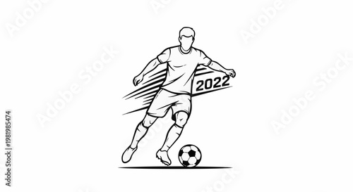 Stylized line drawing of a soccer player dribbling a ball in 2022