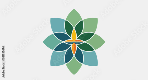 Stylized geometric flower pattern in calming green and blue hues