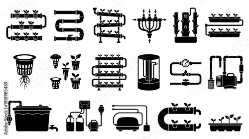 Hydroponics Agriculture Glyph Icons: Systems, Equipment, and Soilless Cultivation Technology