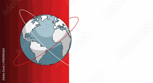 Stylized globe with orbital paths against a red and white background