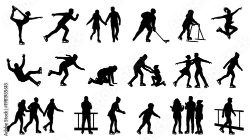 Ice Skating Silhouettes: Diverse Poses of Athletes and Figures on Ice