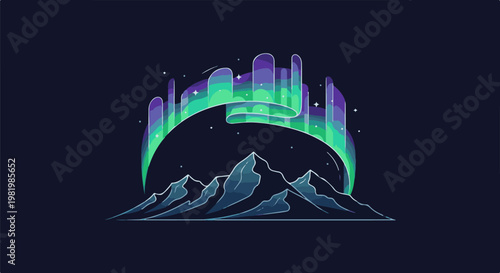 Stylized mountain range under vibrant aurora borealis in night sky