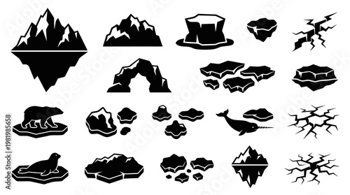 Arctic Icons: Icebergs, Polar Bear, Narwhal, Seal, Cracked Ice, Glyph Style