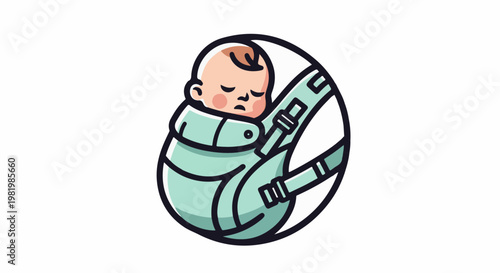 Stylized illustration of a sleeping baby in a turquoise sling carrier