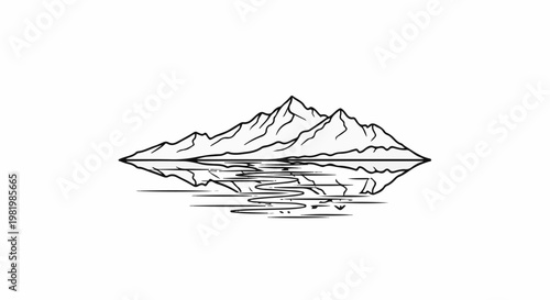 Stylized line drawing of sharp mountain peaks reflected in water