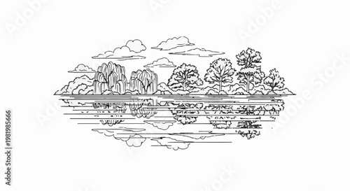 Stylized ink drawing of a serene landscape with weeping willows, trees, and reflection