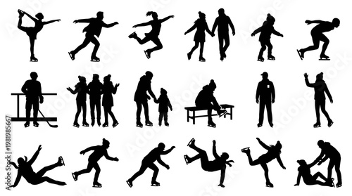 Ice Skating Silhouettes: Figure Skaters Performing Various Moves, Black  White