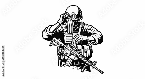 Stylized illustration of a soldier reloading a rifle, black and white