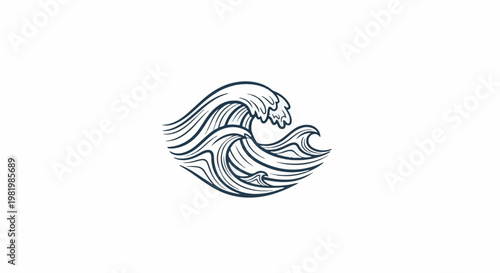 Stylized ink drawing of turbulent dark blue waves crashing on a white background