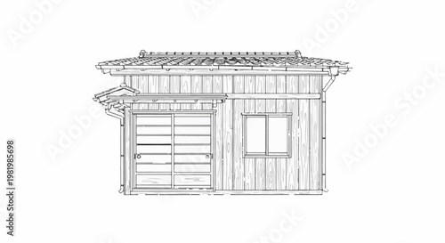Stylized line drawing of traditional wooden building facade with sliding door and window