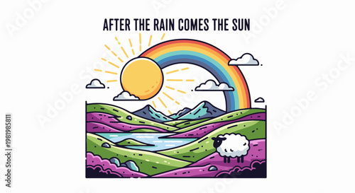 Stylized landscape with sun, rainbow, mountains, lake, and sheep