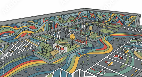 Stylized isometric view of a vibrant, abstract park and parking area with wavy ground design