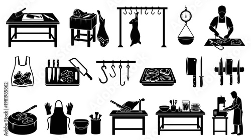 Black and White Butchery Icons: Meat Cutting, Tools, and Equipment
