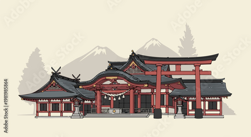 Stylized illustration of a traditional Japanese shrine with torii gate and mountains
