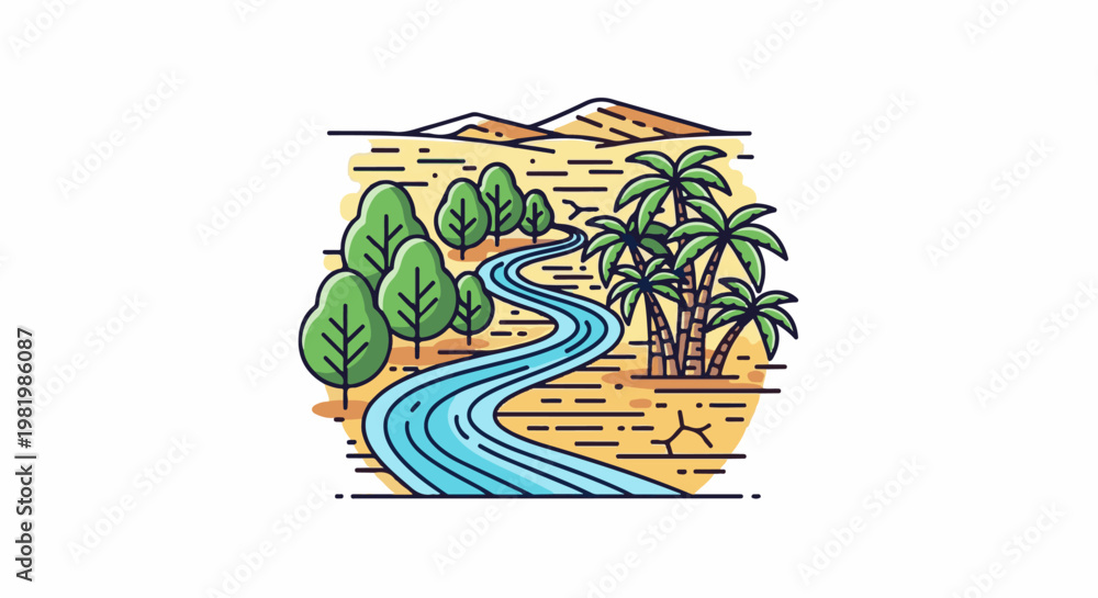 Obraz premium Stylized landscape features a winding blue river through trees and palm trees