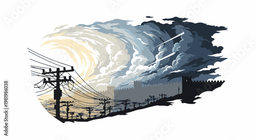 Stylized illustration of a wall with electrical poles against a dramatic sky