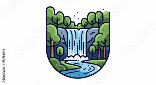 Stylized illustration of a waterfall cascading into a river, surrounded by trees