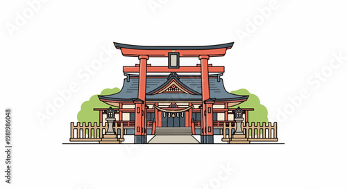 Stylized Japanese shrine with torii gate, lanterns, fence, and trees