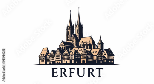 Stylized illustration of a European city skyline with gothic architecture and buildings