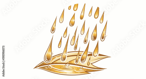 Stylized golden raindrops falling onto glossy, abstract shapes