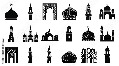 Black  White Islamic Architecture Icons: Mosque Domes, Minarets  Archway Glyphs Set