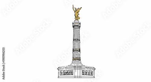 Stylized illustration of a winged victory statue atop a tall column