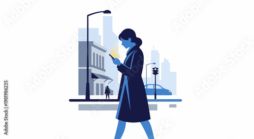 Stylized illustration of a woman using a smartphone on a city street