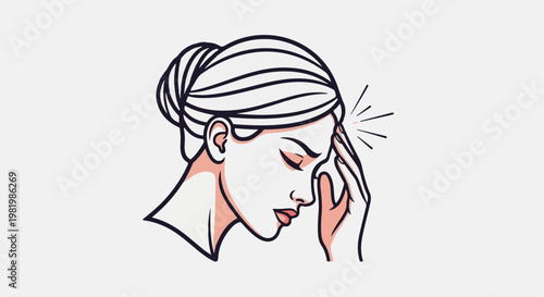 Stylized illustration of a woman with closed eyes holding her temple, indicating pain