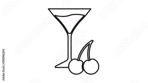 Minimalist black line vector icon illustration of a martini cocktail glass with a drink and two cherries on the side, perfect for bar menus, party invitations, and beverage branding.