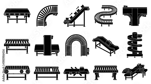 Industrial Manufacturing Conveyor Belt Systems Black Glyph Icons Set