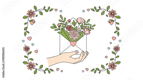 Hand holding an open envelope filled with a beautiful bouquet of roses and leaves surrounded by a delicate floral border.