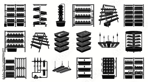 Hydroponic Systems Icons Set Black White Vector Farm Growing Plants