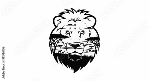 Stylized lion profile with savanna scene inside