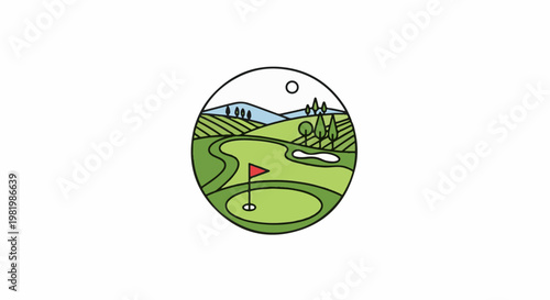 Stylized golf course scene with rolling hills, trees, and a flag