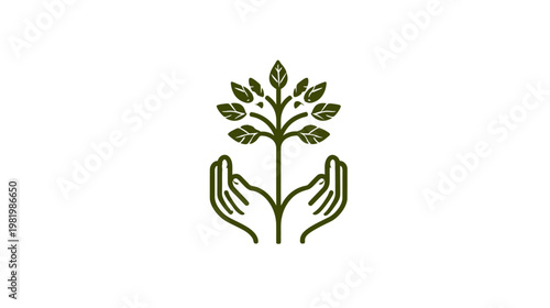 Minimalist illustration of hands nurturing a growing tree seedling, symbolizing nature care, environmental protection, and organic growth.